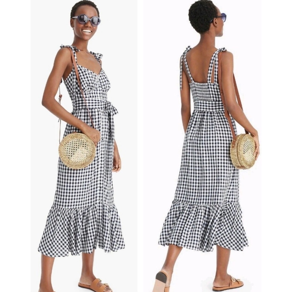 J.Crew Black White Gingham Button Front Midi Dress Ruffled Hem 6